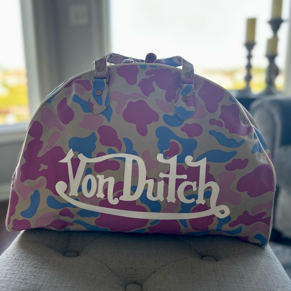 Y2K RARE Original Von Dutch Camo Large Duffle Bowling Bag Pink Purple Blue